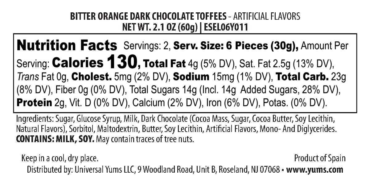 El Caserio Toffers Naranja Amarga nutritional label