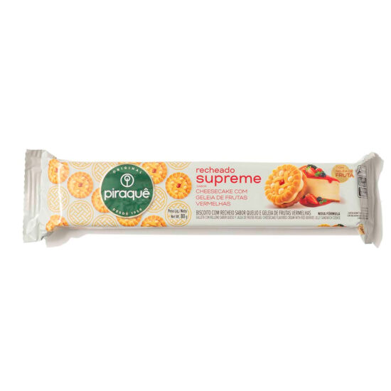 Piraque Recheado Supreme Sabor Cheesecake Com Geleia de Frutas Vermelhas Package