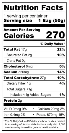 Sparkling Wine Flavored Potato Chips nutritional label
