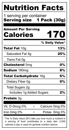 Bikano Chips Cream & Onion nutritional label