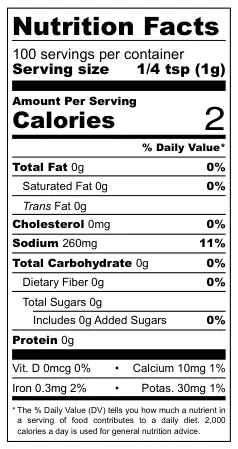 Aara Zing Factor nutritional label