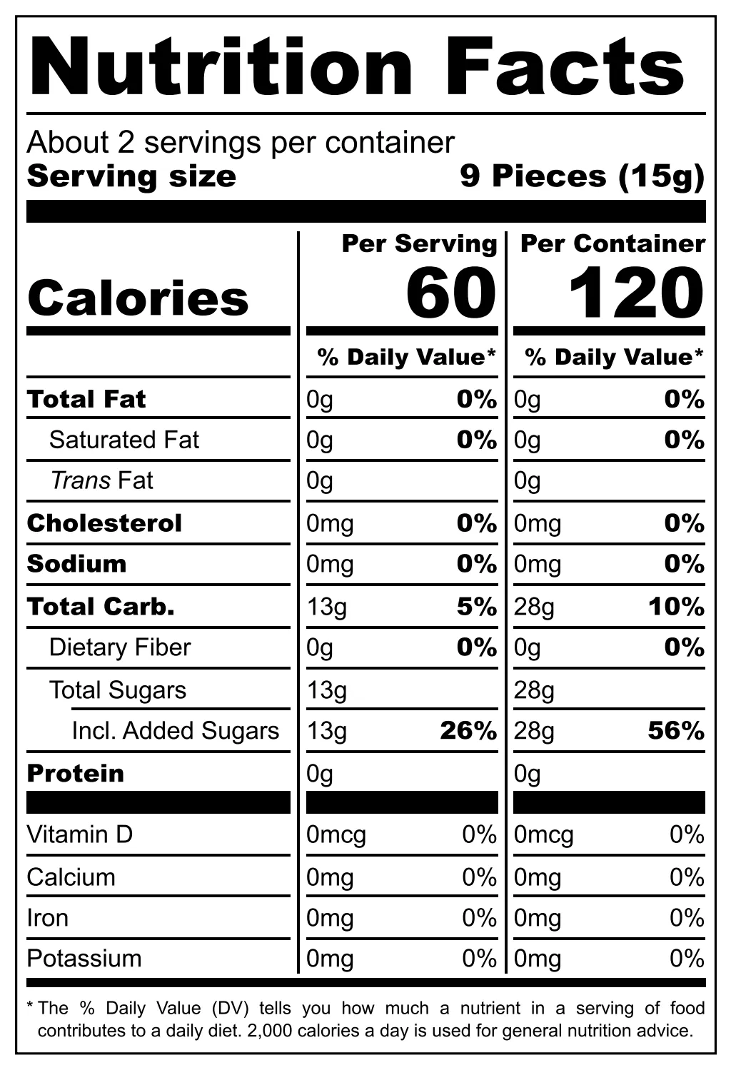 Yes Bons Raspberry nutritional label