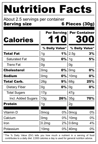 Minicco Vegan Bite Size Sour Bricks nutritional label