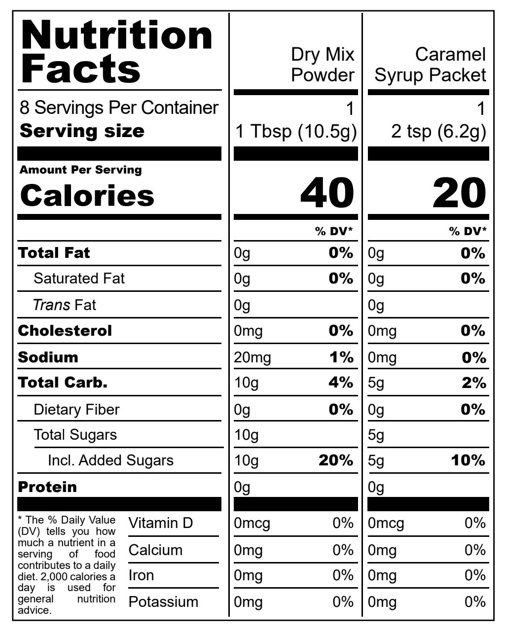 D'Gari Custard Mix nutritional label