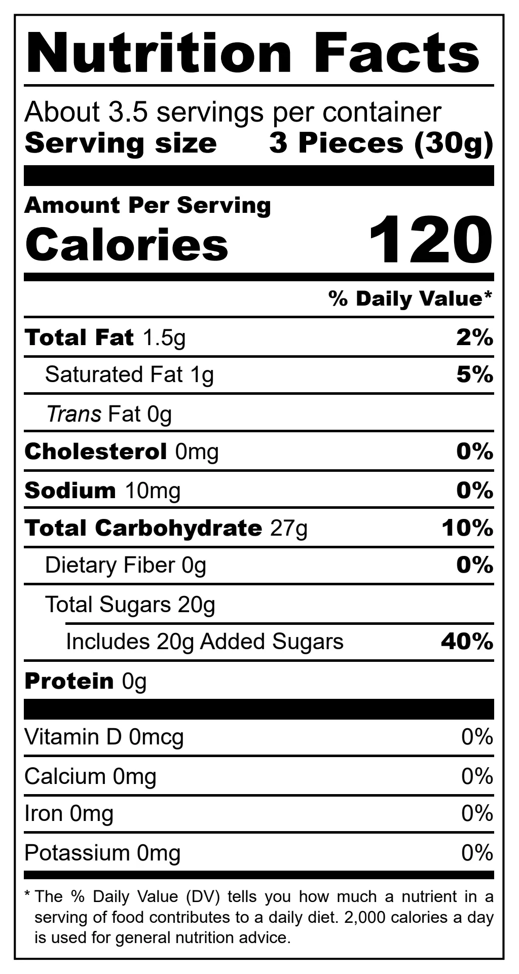 Chewz Me Chew n’ Crunch Stix nutritional label