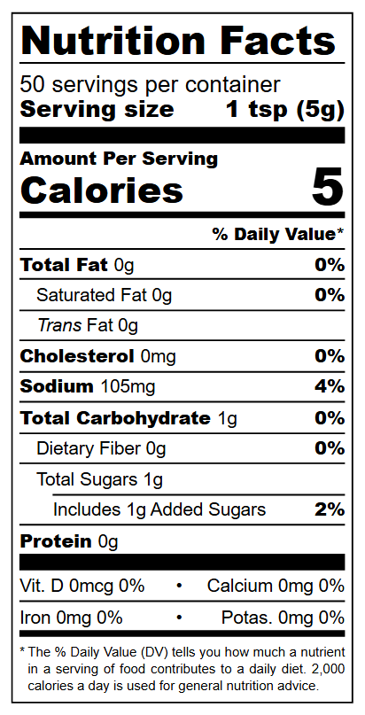 Chin-Su Chili Sauce nutritional label