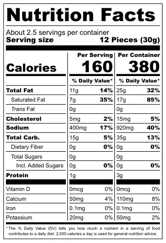 Bel D'Or Onion Garlic Nibbles nutritional label