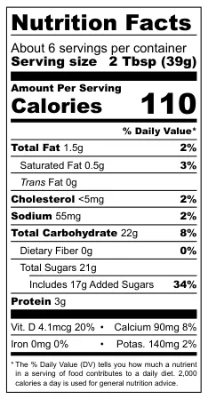 Dulce de Leche nutritional label