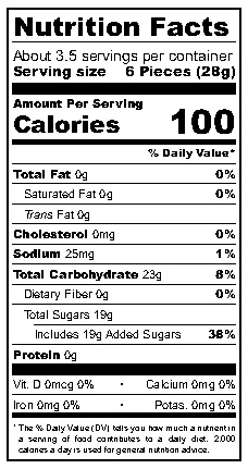 Efrutti Sweet & Sour Rings nutritional label