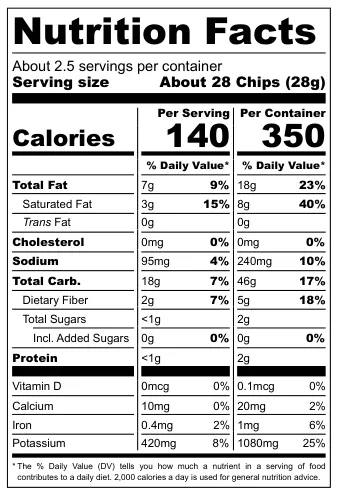 Turbana Green Banana Chips nutritional label